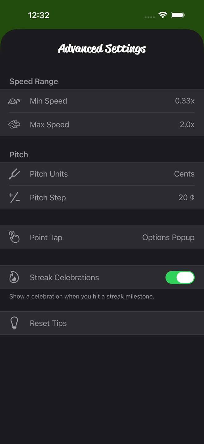 Advanced Settings with Speed Range (Min Speed, Max Speed), Pitch (Units, Step) and Point Tap