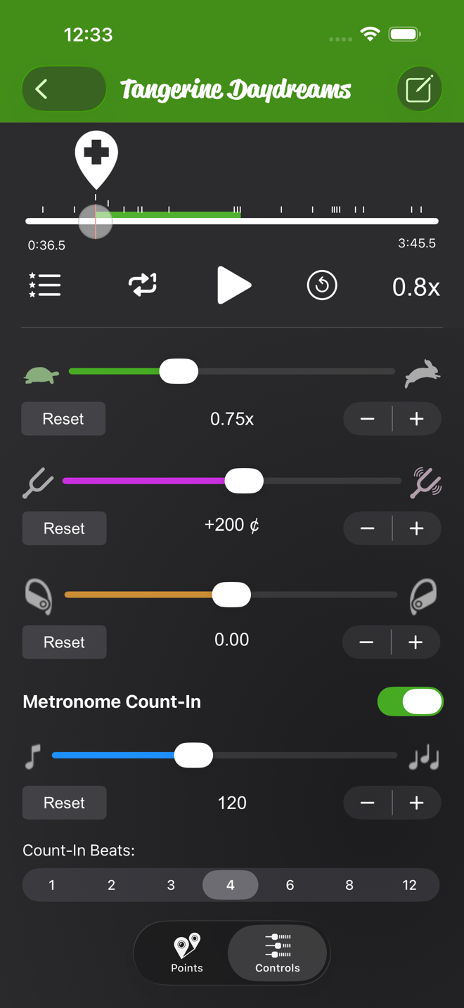 Controls tab with the pitch slider at +200 cents