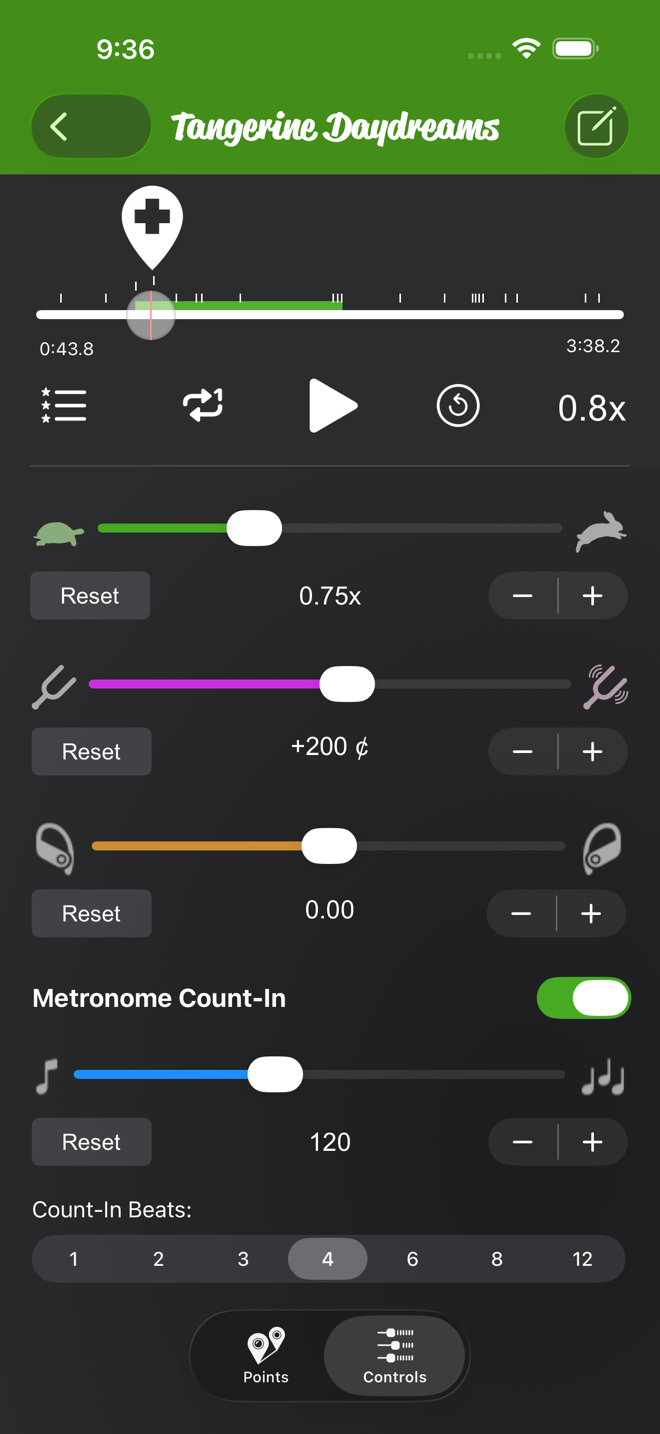 Controls tab with Metronome Count-In switched on, the BPM slider at 120 and Count-In Beats set to 4