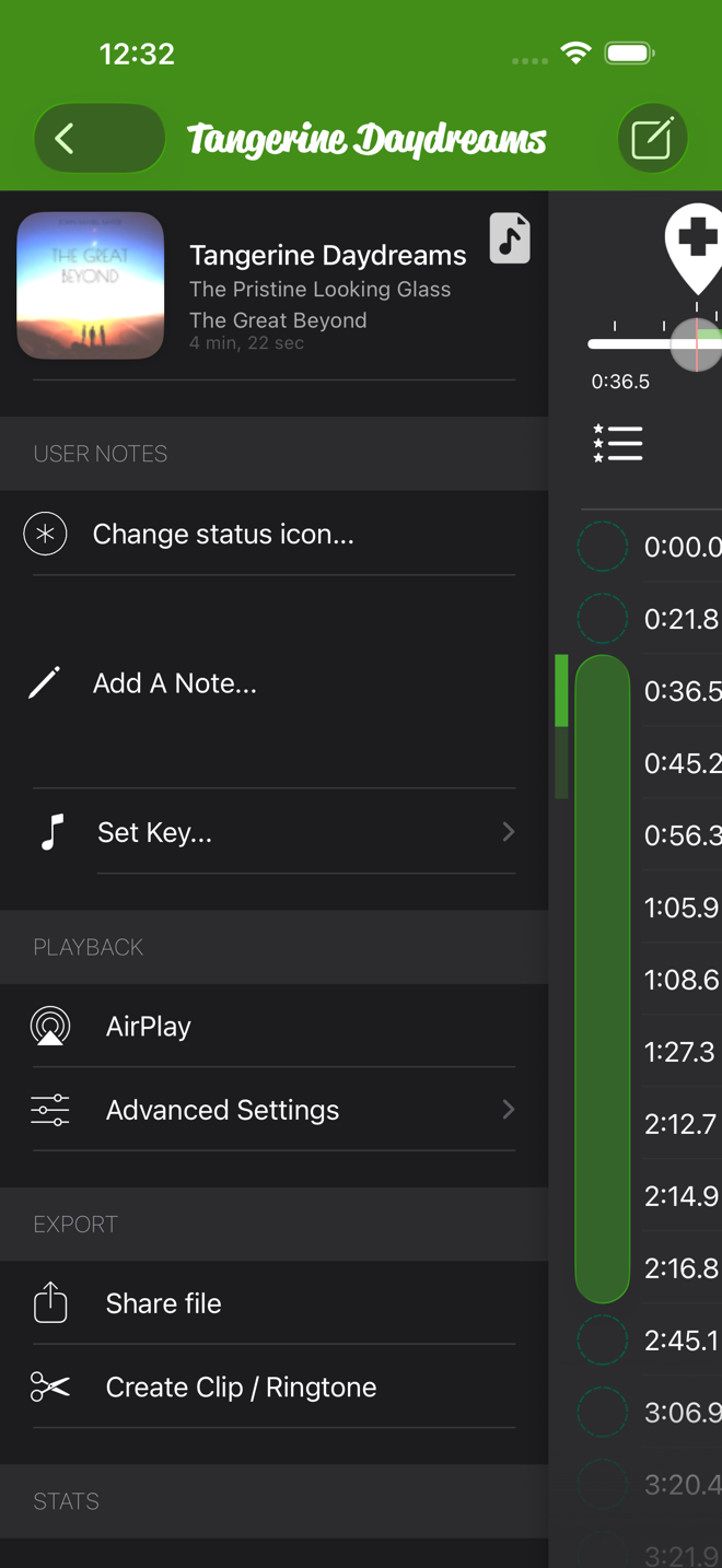 The player menu: notes, key, AirPlay, Advanced Settings, export