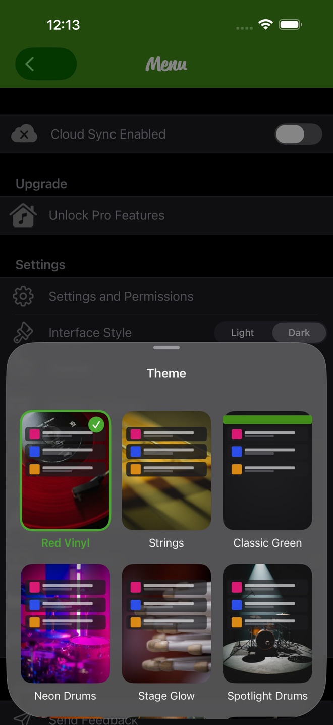 The Theme picker sheet: Red Vinyl, Strings, Classic Green, Neon Drums, Stage Glow and Spotlight Drums