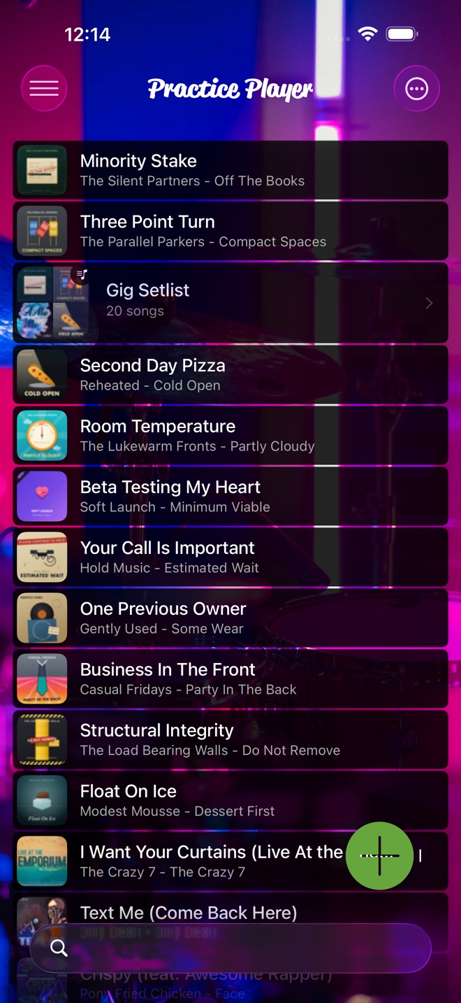 The song list on the Neon Drums theme, with see-through song cards over a pink and blue drum photo