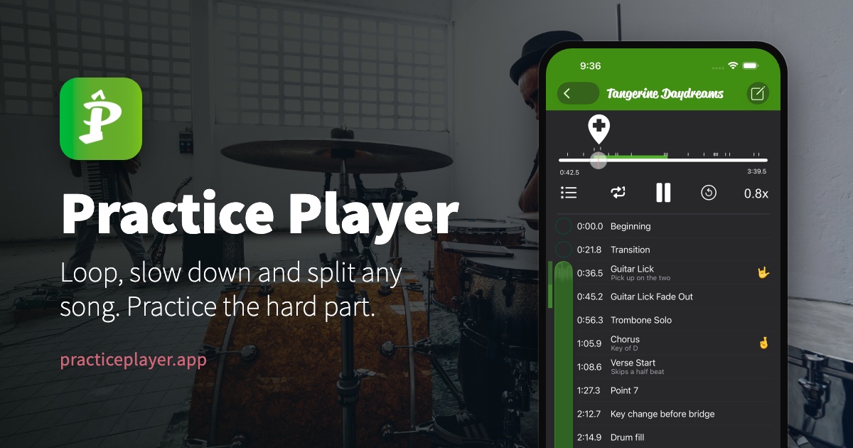 Ikona aplikace Practice Player a její slogan vedle přehrávače se seznamem cvičných bodů